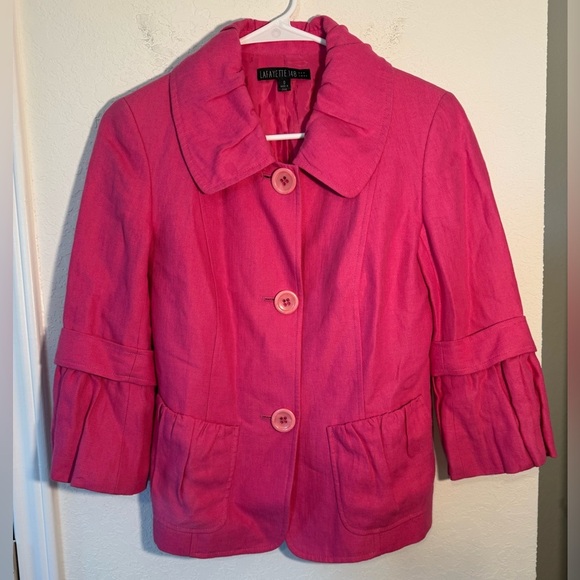 Lafayette 148 New York Bell Sleeve Button Up Hot Pink Linen Blazer Jacket Size 0 - Picture 1 of 9